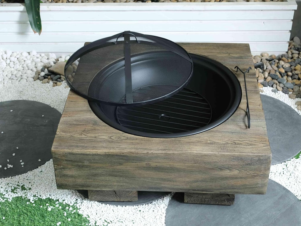Outdoor Wood Burning Fire Pit with Wood Grain Design, Magnesium Oxide, Antique Dark Grey, 27.4” X 24.4” X 18” for Garden and Patio