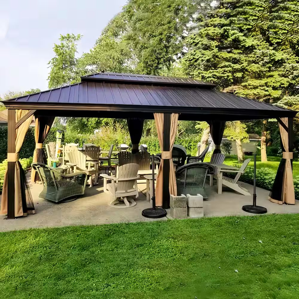 12 Ft.X 24 Ft.Bronze Aluminum Power-Coated Frame Galvanized Steel Double Roof Hardtop Gazebo,Hooks,Netting,Khaki Curtain