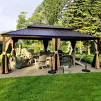 12 Ft.X 24 Ft.Bronze Aluminum Power-Coated Frame Galvanized Steel Double Roof Hardtop Gazebo,Hooks,Netting,Khaki Curtain