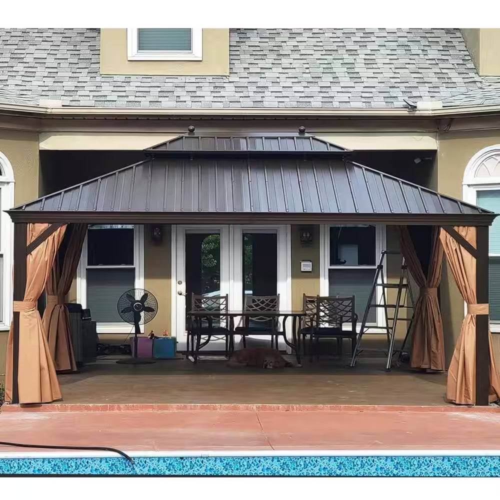 13 Ft. X 17 Ft. Bronze Patio Outdoor Gazebo for Backyard Hardtop Aluminum Frame, Hooks,Netting,Khaki Curtain, 36-Lights