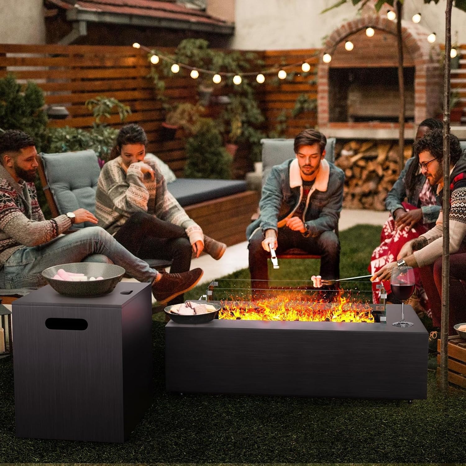 Fire Pit Table 42In Propane Fire Pit 50,000 BTU Rectangular Gas Fire Pits with Wind Guard Propane Tank Cover Table Lava Rocks for Outdoor outside Patio
