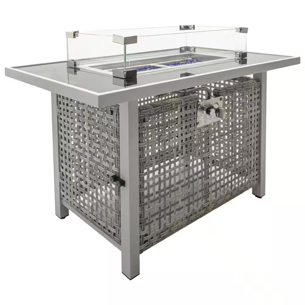 43 In. Propane Gas Fire Pit Table, 60000 BTU Rectangular Open Weave Wicker Fire Pit with Glass Wind Guard in Gray