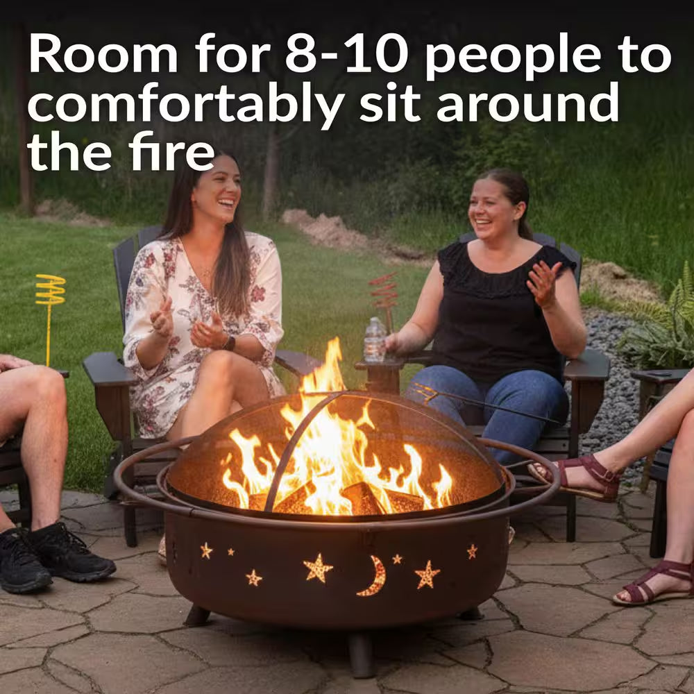Cosmic 42 In. X 23 In. Large round Steel Wood Burning Fire Pit with Spark Screen