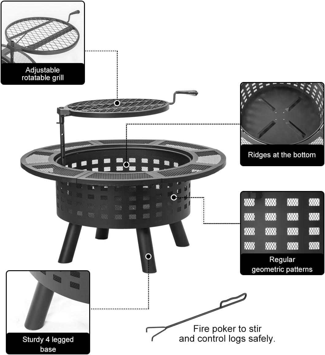 36 Inch Outdoor Fire Pit with Grill,Wood Burning Fire Pits for outside with Lid & Fire Poker,Metal 3-In-1 Firepit Table with Cooking Grate,Outdoor Firepit for Yard,Bonfire,Patio(Charcoal)