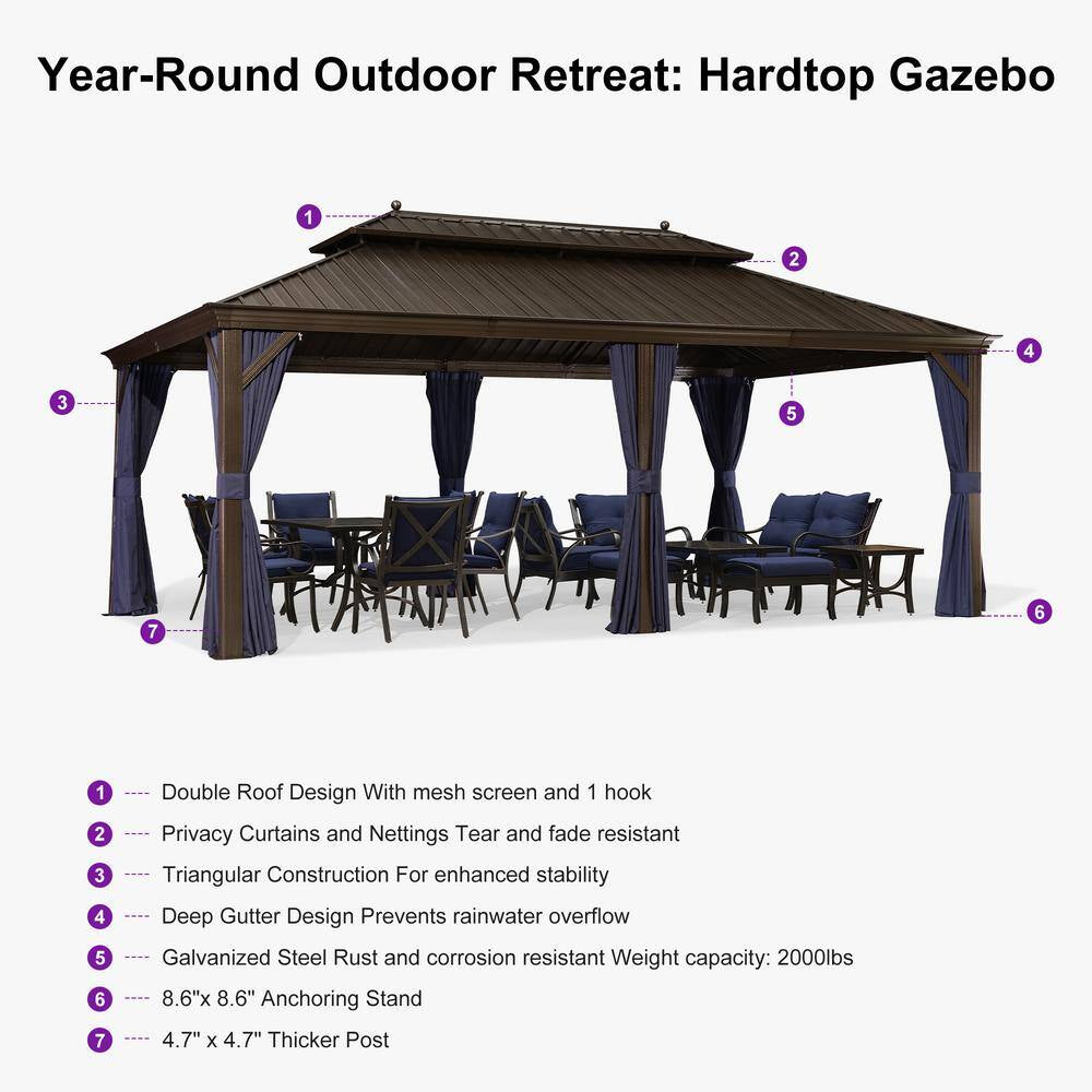 12 Ft. X 20 Ft. Bronze Patio Outdoor Gazebo for Backyard Hardtop Aluminum Frame Hooks, Netting, Blue Curtain, 36-Lights