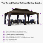 12 Ft. X 20 Ft. Bronze Patio Outdoor Gazebo for Backyard Hardtop Aluminum Frame Hooks, Netting, Blue Curtain, 36-Lights