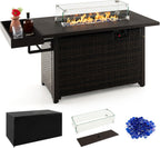 Patio Propane Fire Pit Table, 52 Inch Wicker Gas Fire Pit with Wind Guard & Extended Shelf, 50,000 BTU Heat Output, Rectangular Fire Table with Blue Fire Stone & Waterproof Cover (Brown)