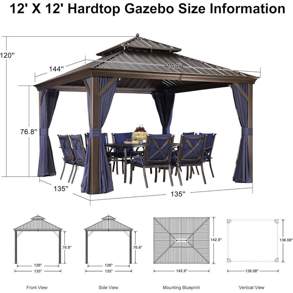 12 Ft. X 12 Ft. Bronze Aluminum Power-Coated Frame Galvanized Steel Double Roof Hardtop Gazebo Hook Netting Blue Curtain
