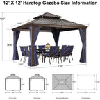 12 Ft. X 12 Ft. Bronze Aluminum Power-Coated Frame Galvanized Steel Double Roof Hardtop Gazebo Hook Netting Blue Curtain