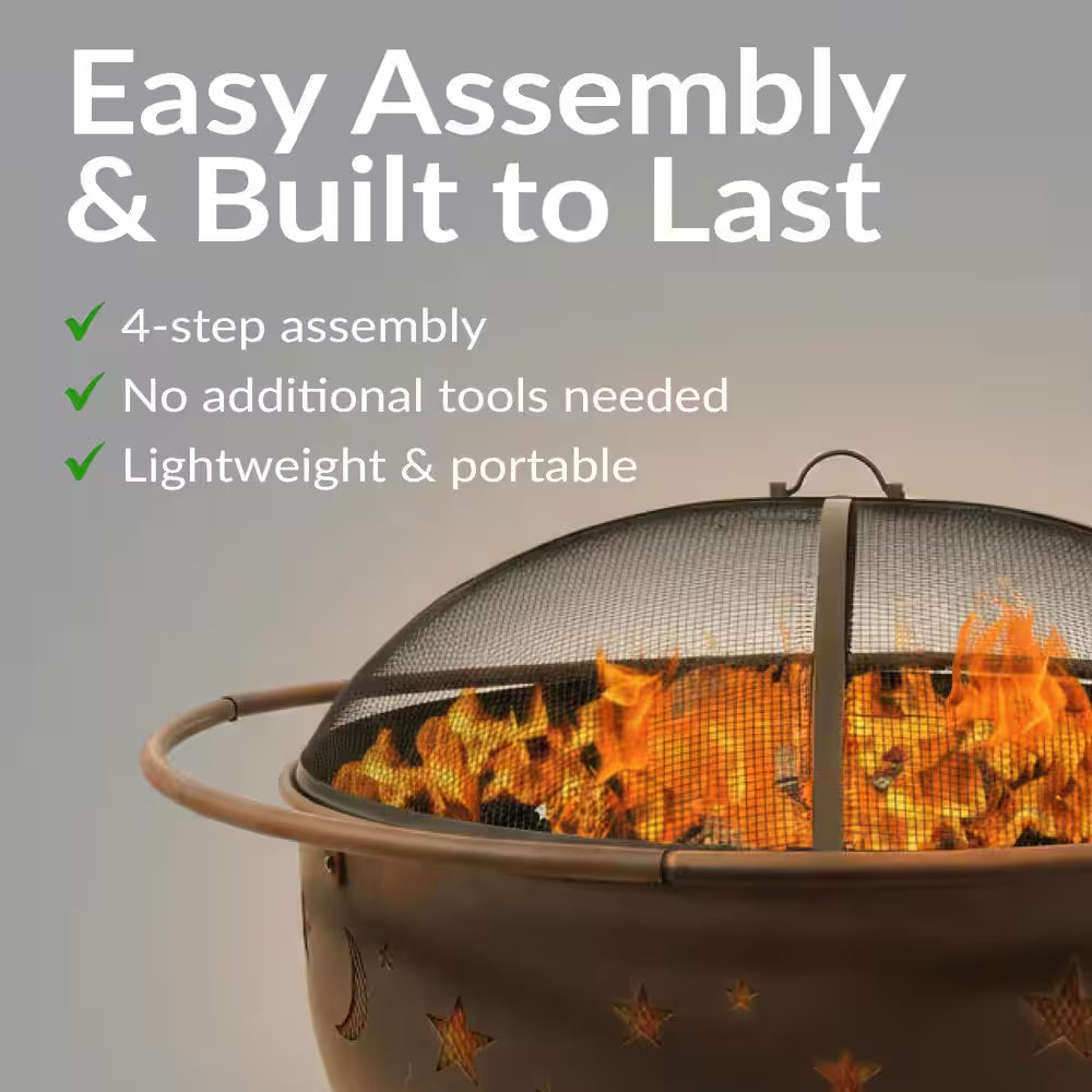 Cosmic 42 In. X 23 In. Large round Steel Wood Burning Fire Pit with Spark Screen