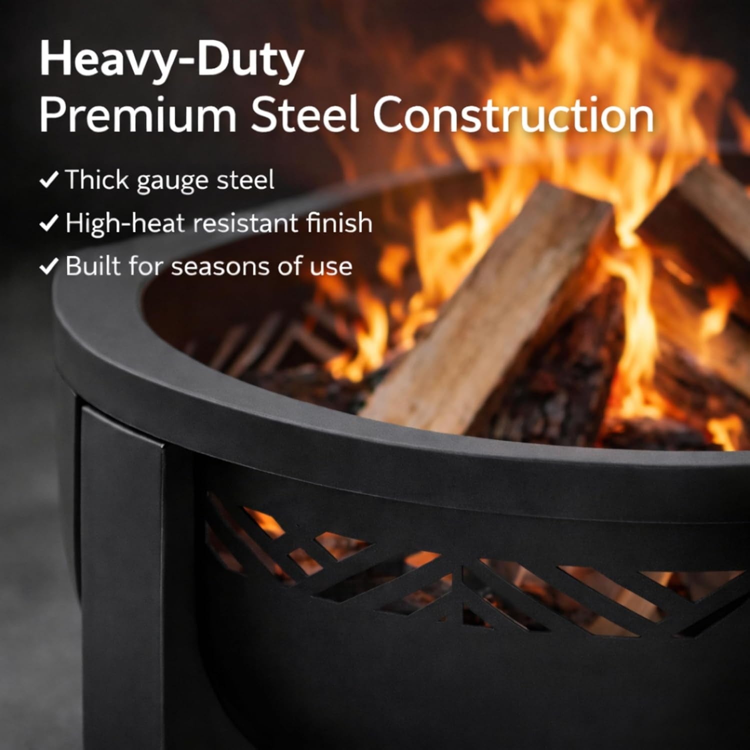 Fire Chief Wood Burning Fire Pit with Tabletop Lid – Modern Outdoor Metal Fire Pit for Patio & Backyard – Premium Heavy Duty Fire Pit Bowl with Multi-Use Side Table (Decorative Bowl)