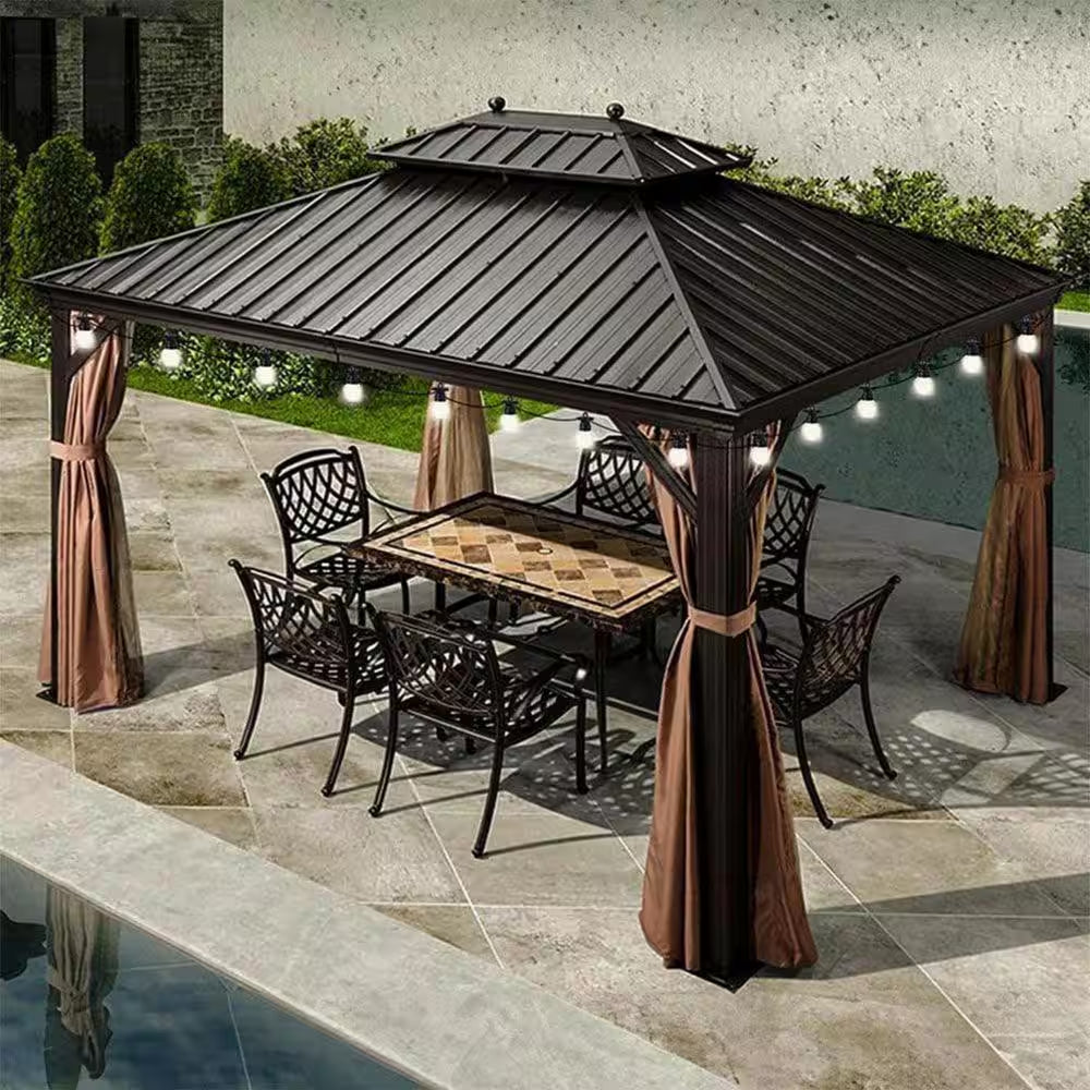 10 Ft.X 13 Ft.Bronze Patio Outdoor Gazebo for Backyard Hardtop Aluminum Frame with Hooks,Netting,Khaki Curtain,24-Lights