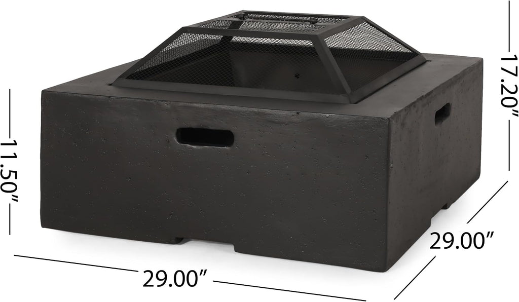 Berwick Outdoor Lightweight Concrete Wood Burning Square Fire Pit, Dark Gray