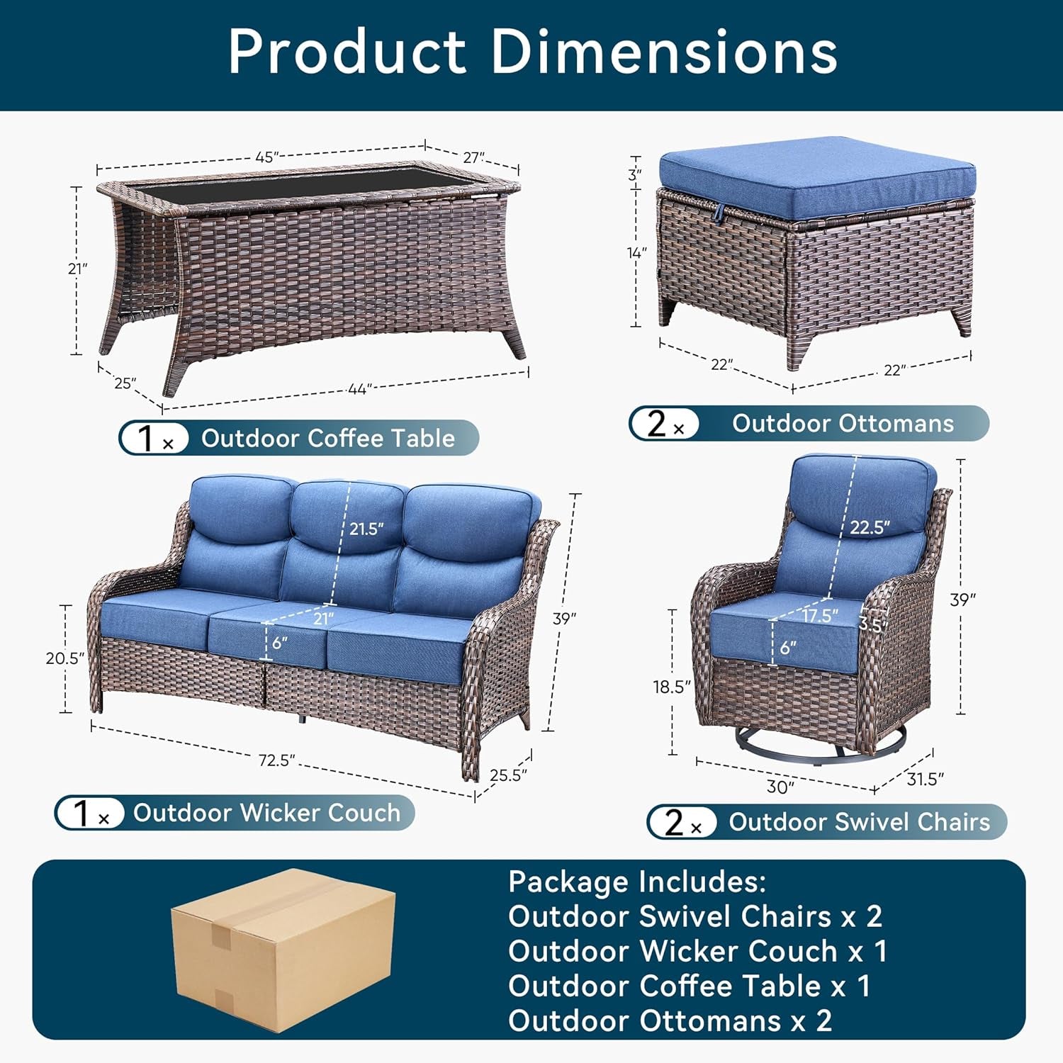 Luxury High Back Outdoor Furniture with 6-Inch Thick Cushions, Patio Furniture Set with Swivel Chairs, 6 PCS Wicker Conversation Set for Porch, Balcony, Deck and Yard