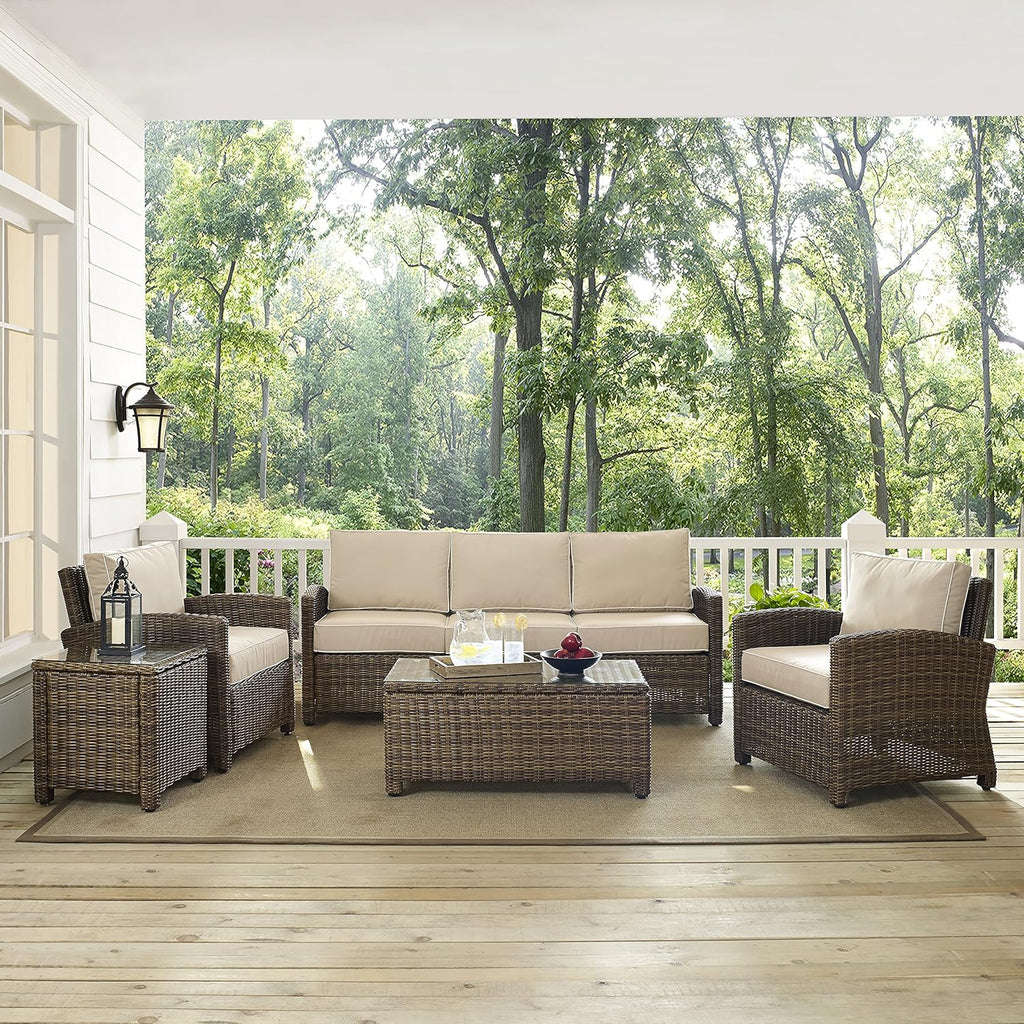 Bradenton 5-Piece Outdoor Sofa Patio Furniture Set, Wicker Conversation Sets for Porch, Brown with Sand Cushions
