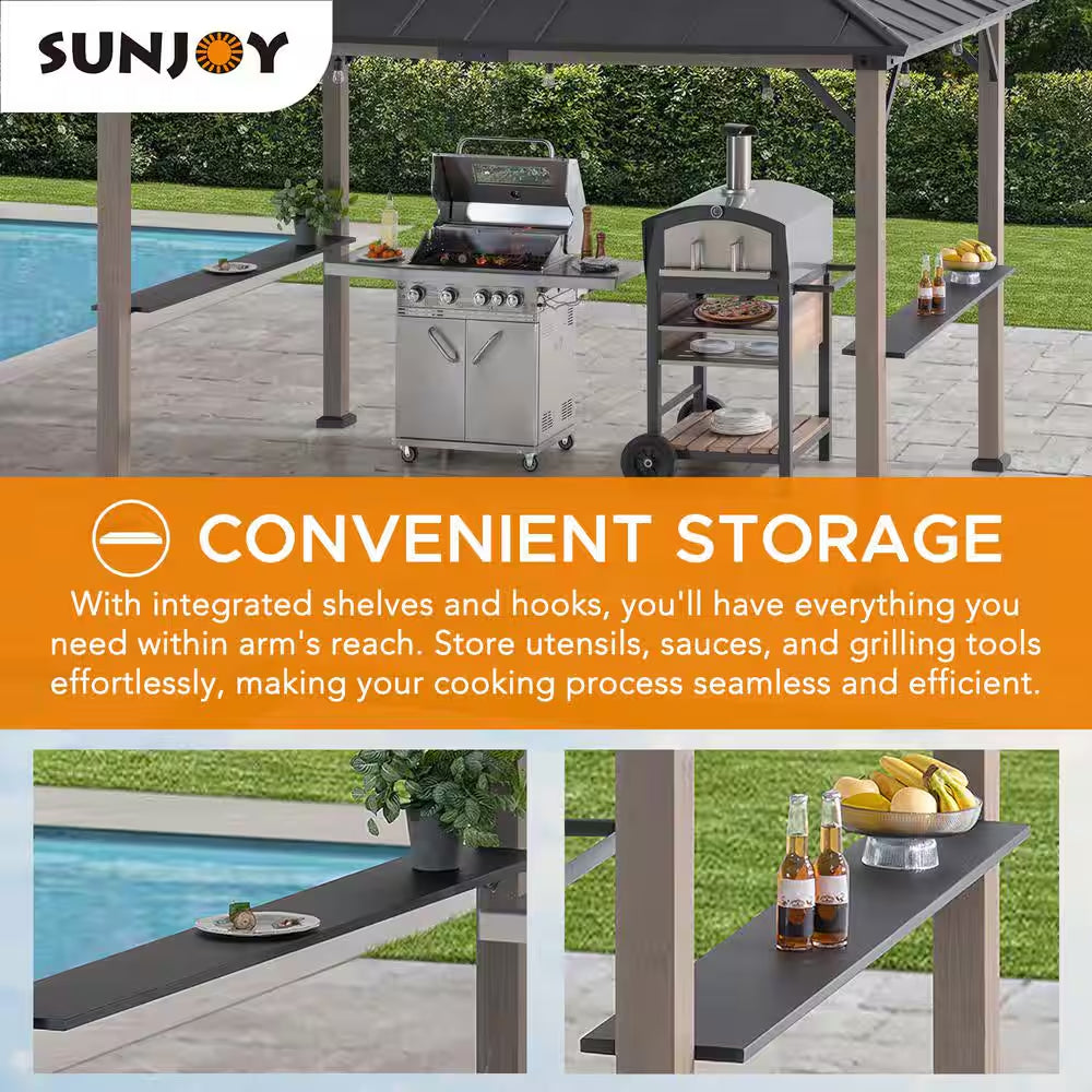 8 Ft. X 12 Ft. Matte Black Churchill Cedar Framed Grill Gazebo with DC Solar Power for Backyard