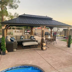 12 Ft.X 26 Ft.Bronze Aluminum Power-Coated Frame Galvanized Steel Double Roof Hardtop Gazebo,Hooks,Netting,Khaki Curtain