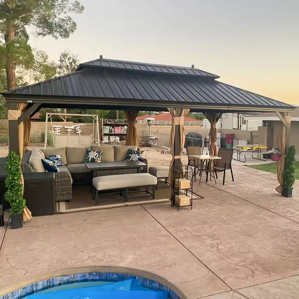 12 Ft.X 26 Ft.Bronze Aluminum Power-Coated Frame Galvanized Steel Double Roof Hardtop Gazebo,Hooks,Netting,Khaki Curtain