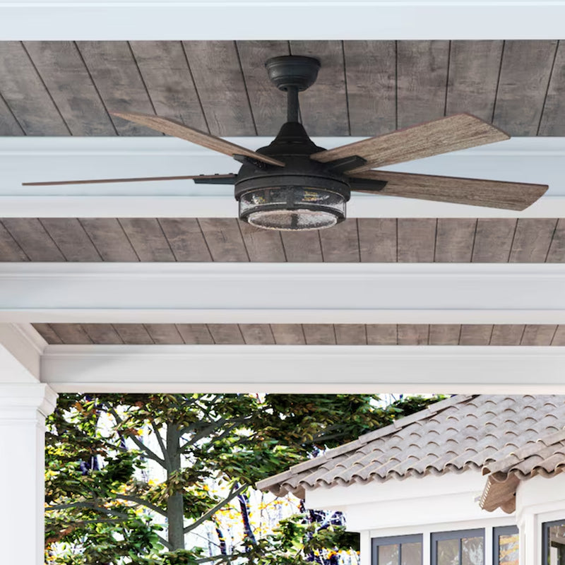 Summersville 52-In Textured Black with Driftwood/Auburn Blades Covered Outdoor Ceiling Fan with Light and Remote Control Included 5 -Blade