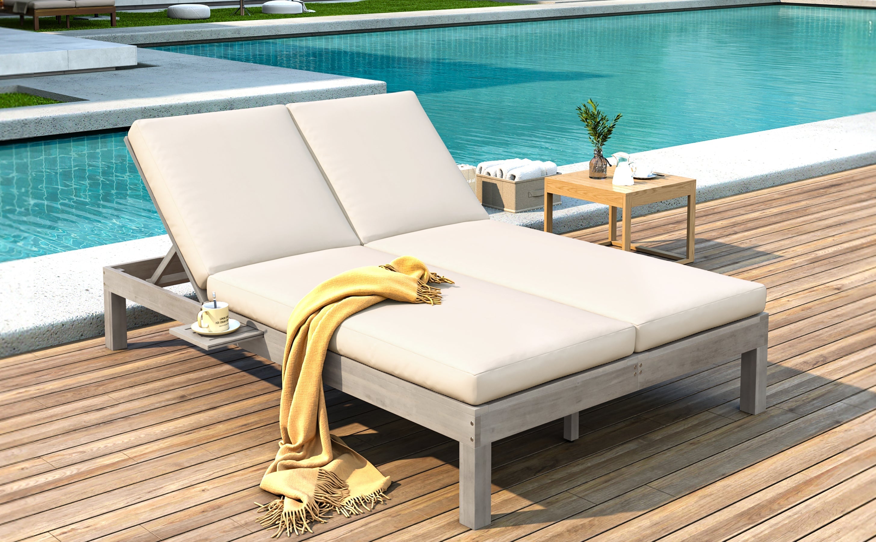 5-Position Adjustable Backrest Double Chaise Lounge Outdoor