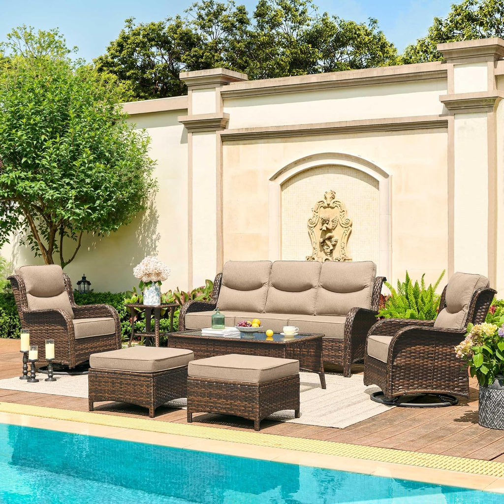 Luxury Outdoor Patio Furniture Set with 6-Inch Thick Cushions, High Back Wicker Swivel Rocker Chairs, 7 Pcs All Weather Conversation Set for Large Deck, Yard and Poolside, Beige (V3)