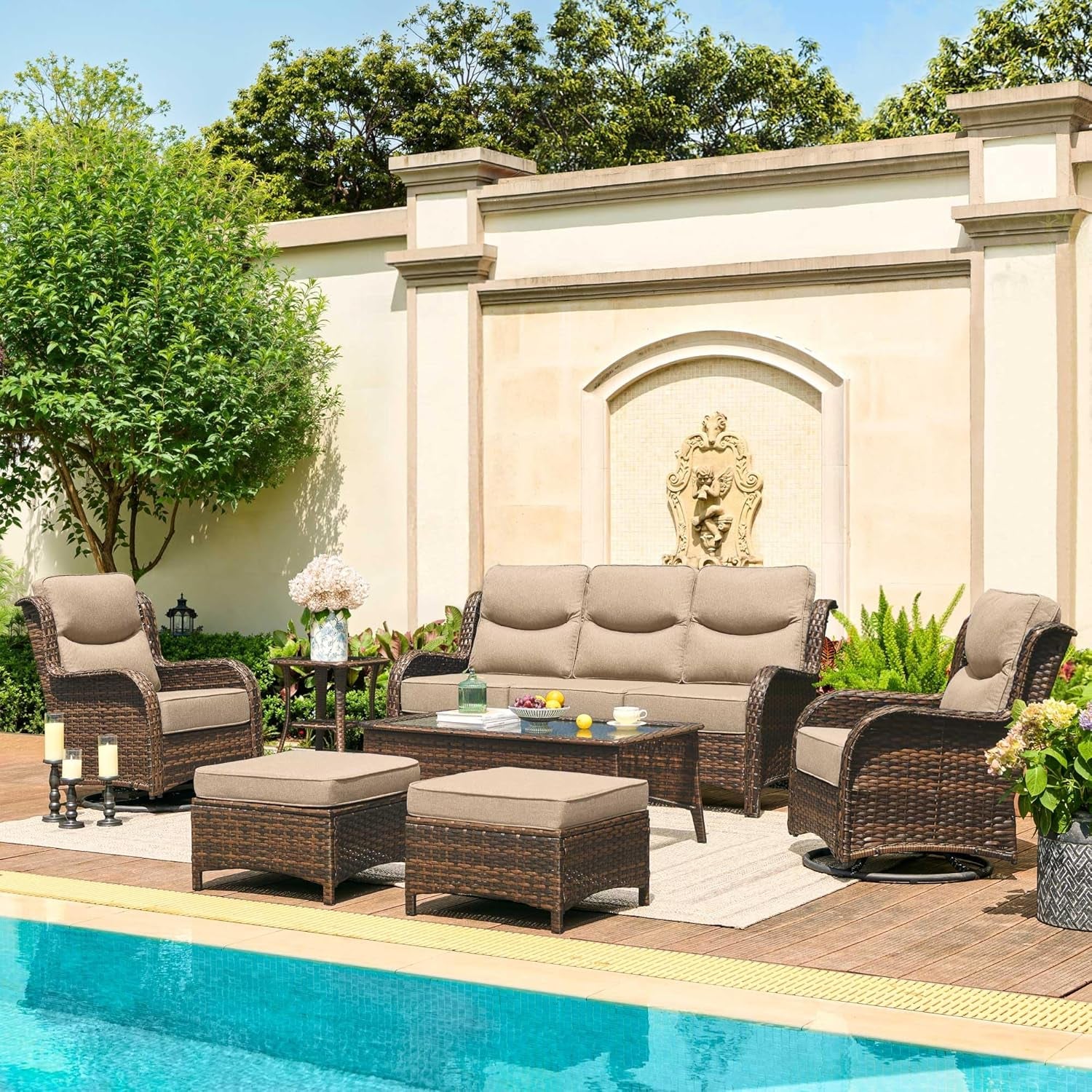 Luxury Outdoor Patio Furniture Set with 6-Inch Thick Cushions, High Back Wicker Swivel Rocker Chairs, 7 Pcs All Weather Conversation Set for Large Deck, Yard and Poolside, Beige (V3)