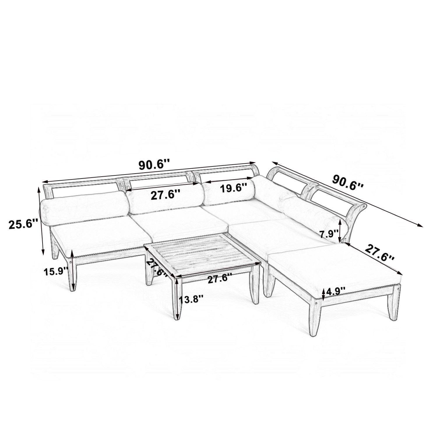 6- Piece Acacia Wood Outdoor Modular Sectional with Daybed and Tea Table