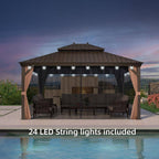 11 Ft. X 15 Ft. Bronze Patio Outdoor Gazebo for Backyard Hardtop Aluminum Frame, Hooks,Netting,Khaki Curtain, 24-Lights