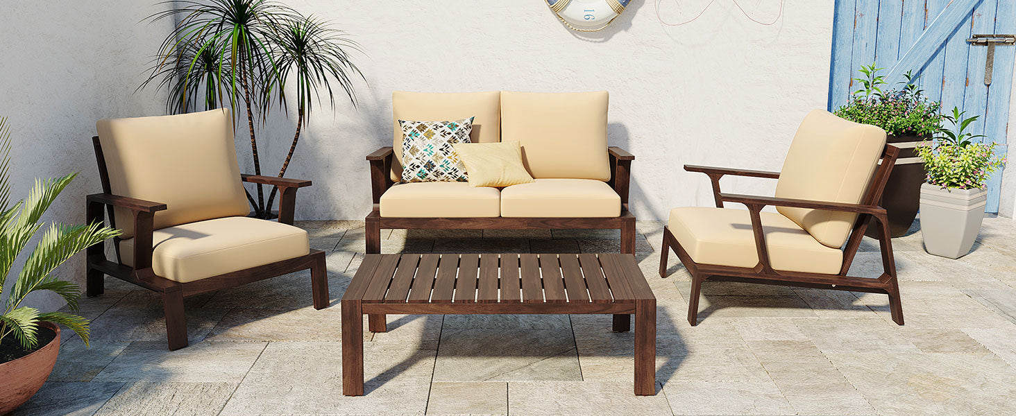 4- Piece Outdoor Sofa Set with Cushions and Coffee Table