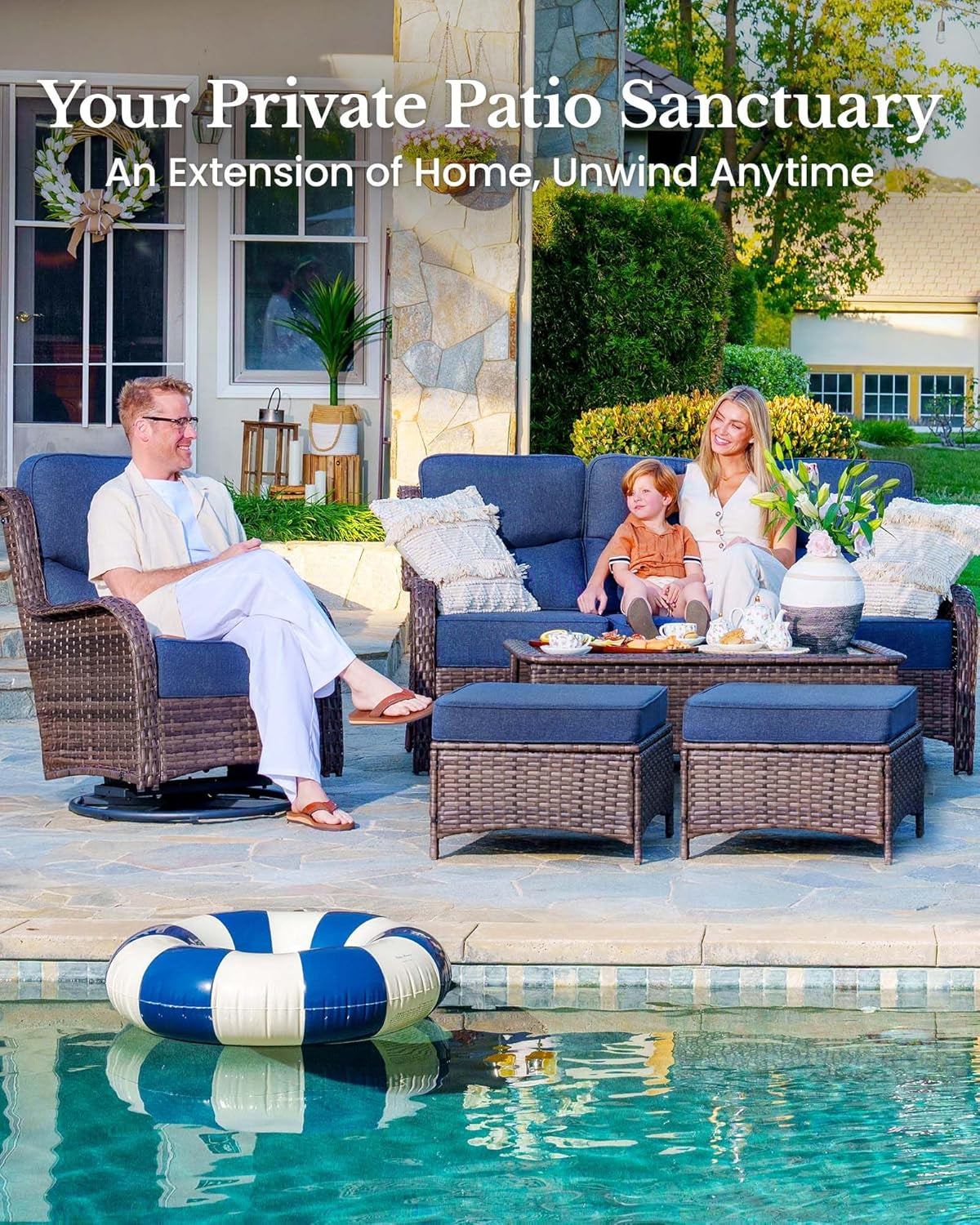 7-Piece Luxury Patio Furniture Set with 6" Thick Cushions, Weather-Resistant Wicker High Back Swivel Rocker Chairs, Senior-Friendly Outdoor Sofa Set for Large Deck, Yard and Poolside, Blue(V2)