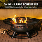 36 Inch Fire Pit with 2 Cooking Grills,Outdoor Wood Burning BBQ Firepit with Lid, 3-In-1 Outdoor Fire Pit for Backyard Deck Bonfire Patio Picnic(Black)