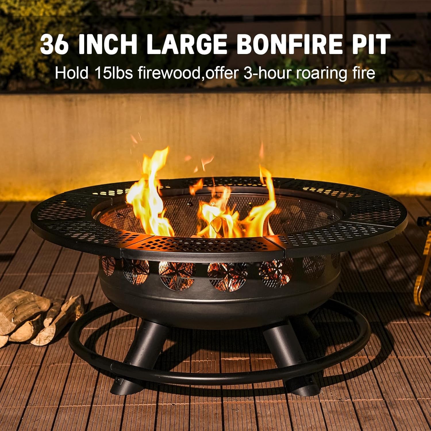 36 Inch Fire Pit with 2 Cooking Grills,Outdoor Wood Burning BBQ Firepit with Lid, 3-In-1 Outdoor Fire Pit for Backyard Deck Bonfire Patio Picnic(Black)