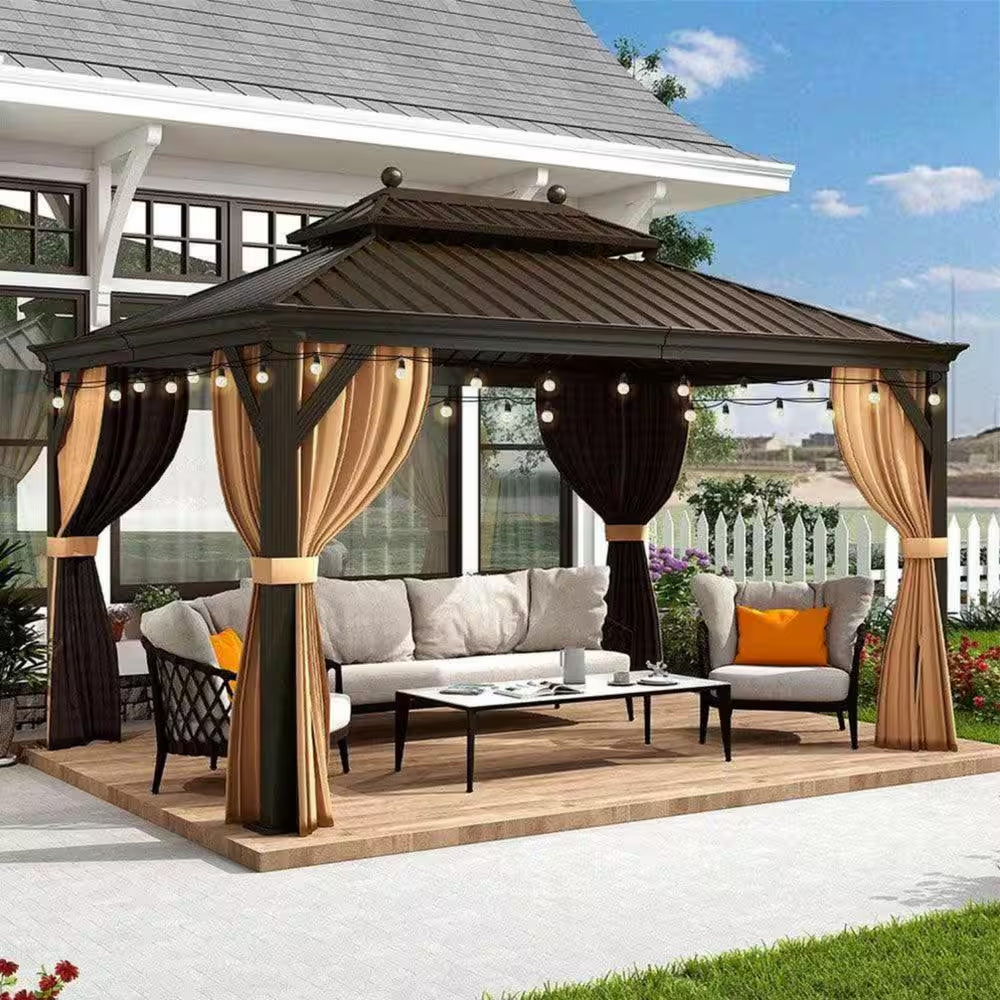 10 Ft.X 13 Ft.Bronze Patio Outdoor Gazebo for Backyard Hardtop Aluminum Frame with Hooks,Netting,Khaki Curtain,24-Lights