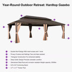 14 Ft. X 28 Ft. Bronze Patio Outdoor Gazebo for Backyard Hardtop Aluminum Frame, Hooks,Netting, Khaki Curtain, 48-Lights