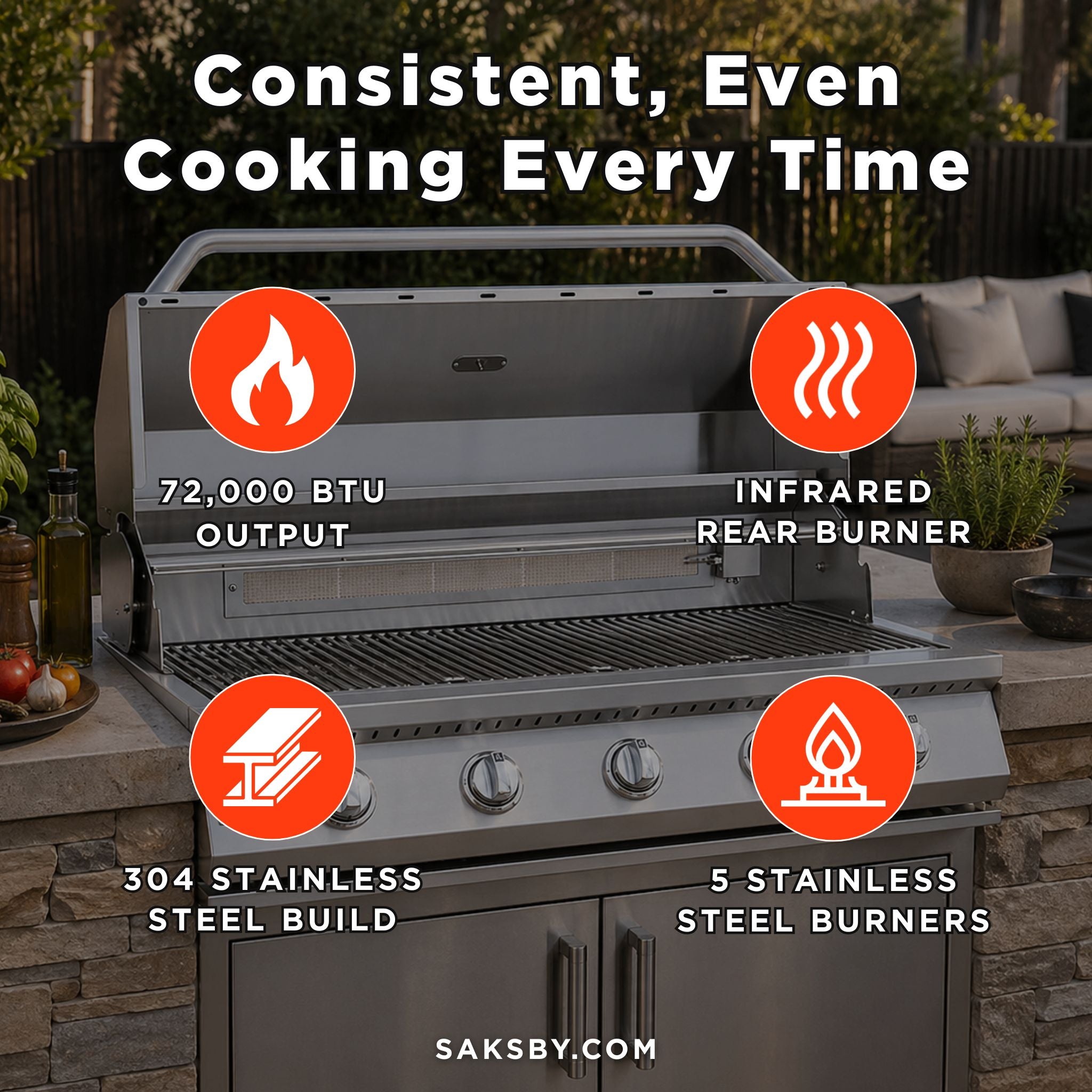 KoKoMo Grills 40-Inch Heavy-Duty 72K BTU LP/NG 5 Burner Built-In Stainless Steel Gas Grill