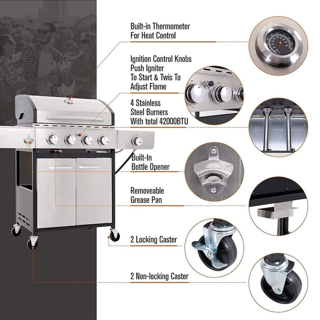 Large Outdoor 42K BTU BBQ Stainless Steel Propane Gas Grill With 4 Burners