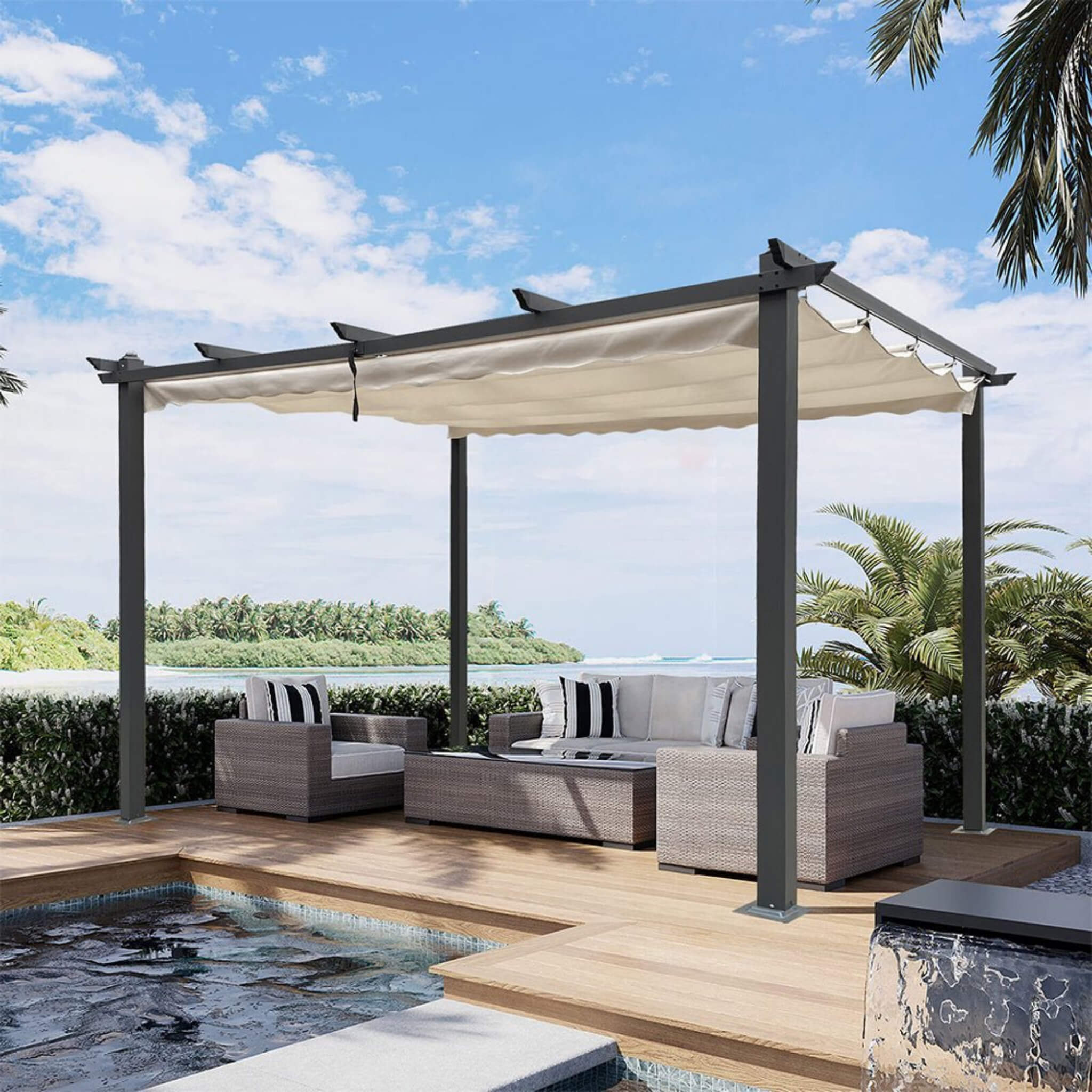[10X13FT] Large Outdoor Patio Pergola With Canopy & Retractable Sun Shades, Beige (SAK51842)
