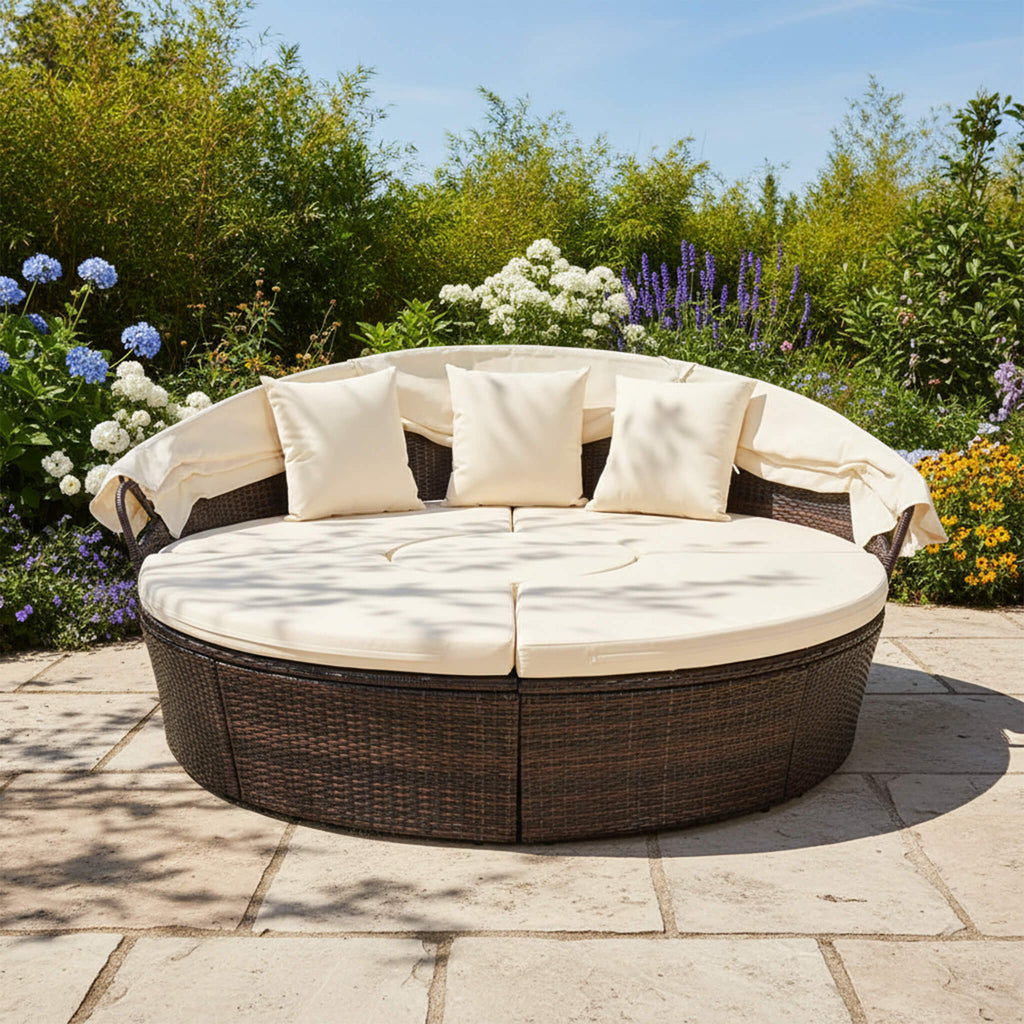 Alora Large 76-Inch Outdoor Patio Rattan Daybed Sofa W/ Adjustable Table Top, Canopy & 3 Pillows