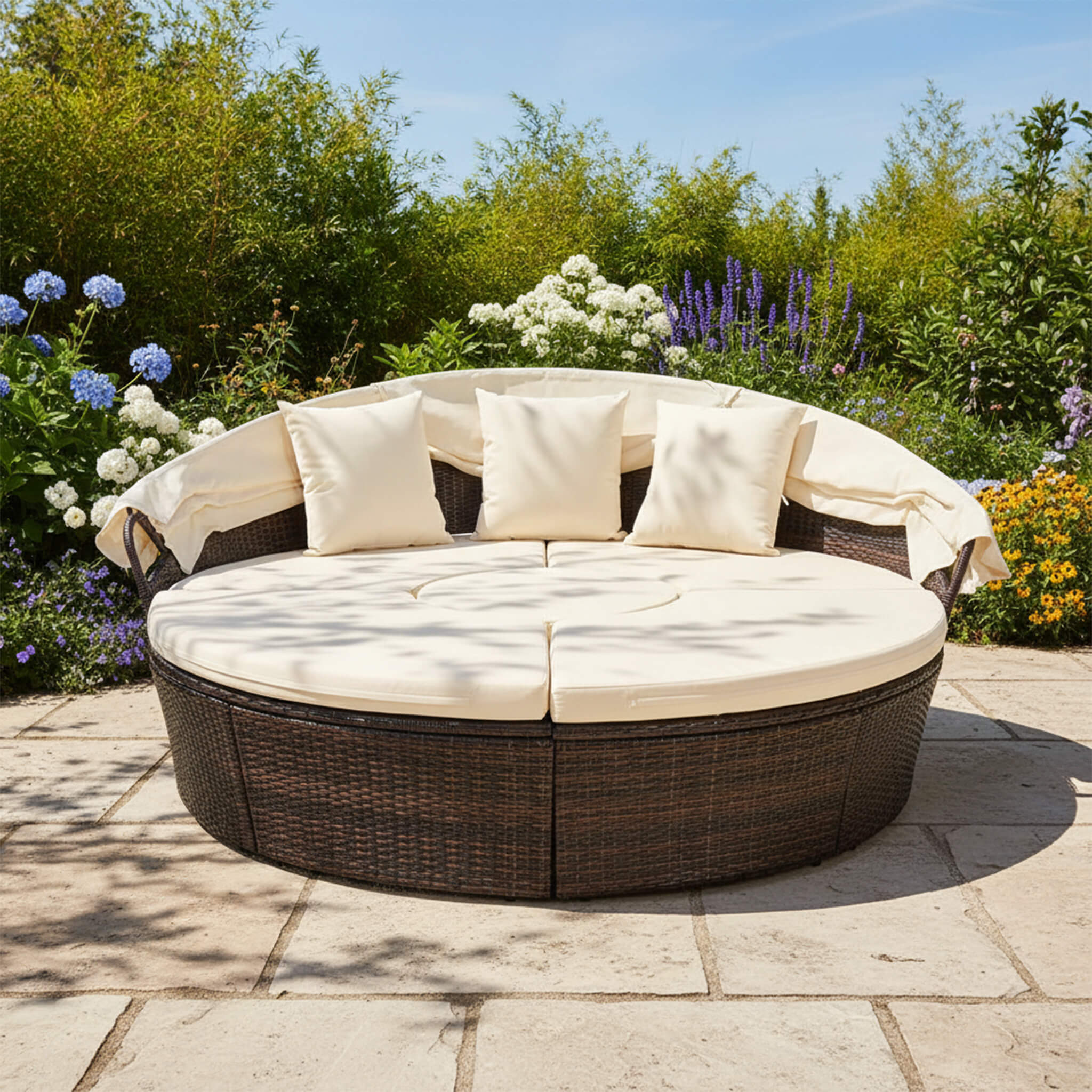 Alora Large 76-Inch Outdoor Patio Rattan Daybed Sofa W/ Adjustable Table Top, Canopy & 3 Pillows