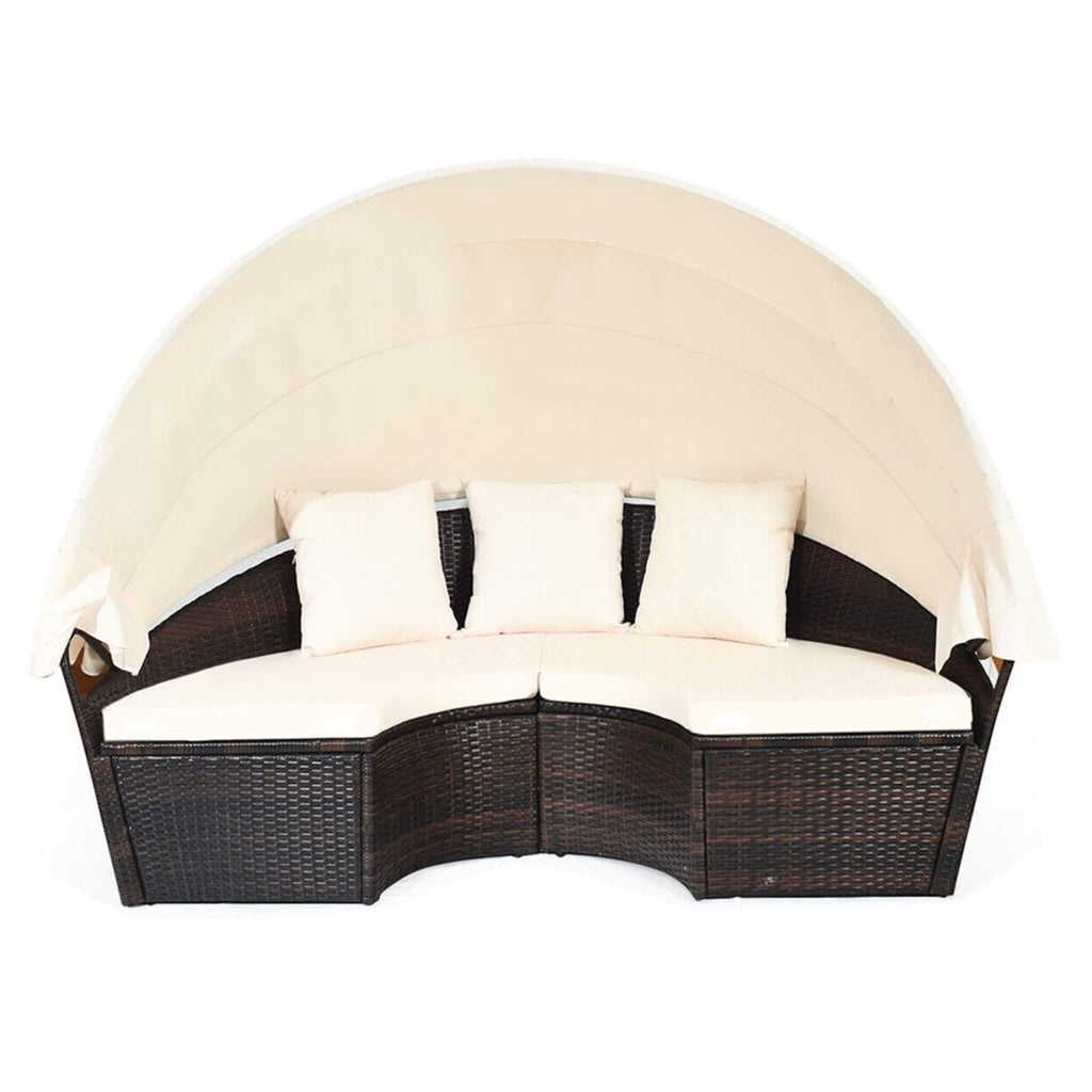 Alora Large 76-Inch Outdoor Patio Rattan Daybed Sofa W/ Adjustable Table Top, Canopy & 3 Pillows