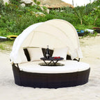 Alora Large 76-Inch Outdoor Patio Rattan Daybed Sofa W/ Adjustable Table Top, Canopy & 3 Pillows