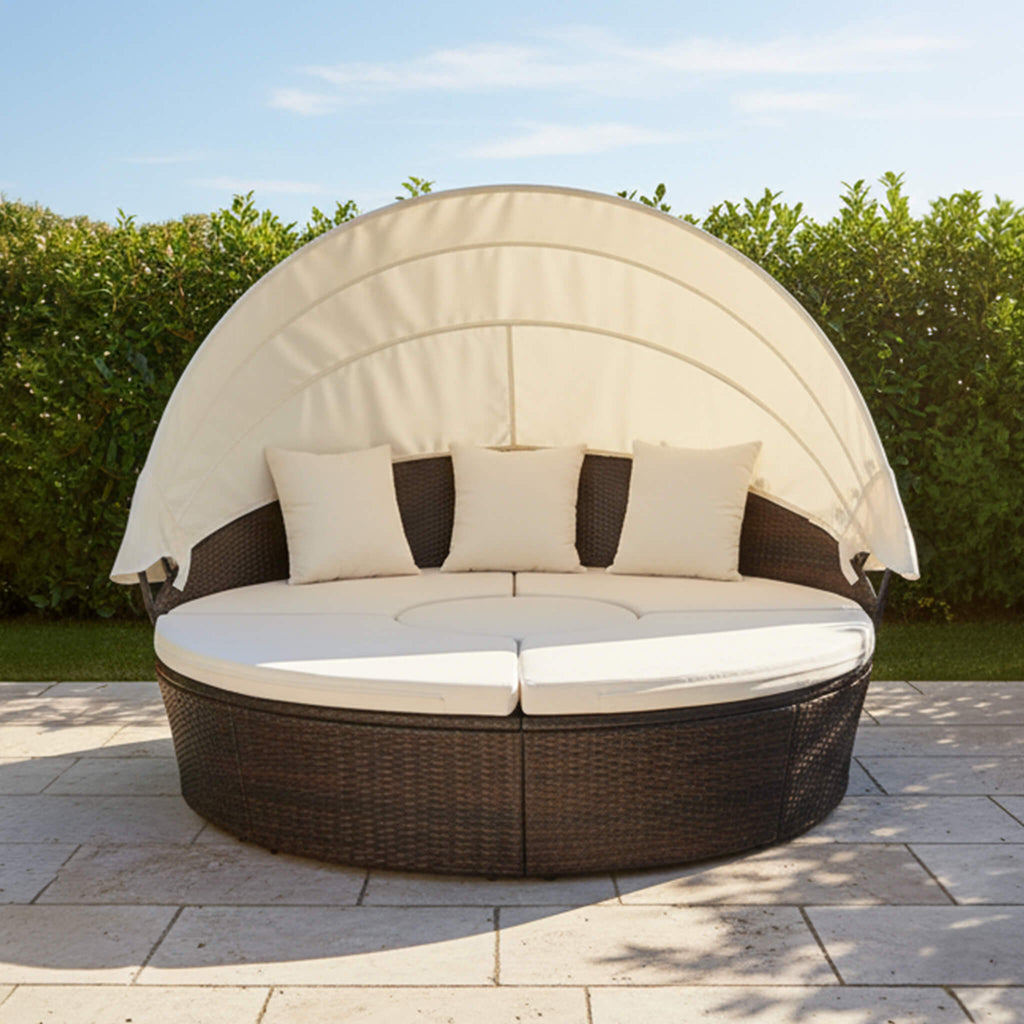 Alora Large 76-Inch Outdoor Patio Rattan Daybed Sofa W/ Adjustable Table Top, Canopy & 3 Pillows