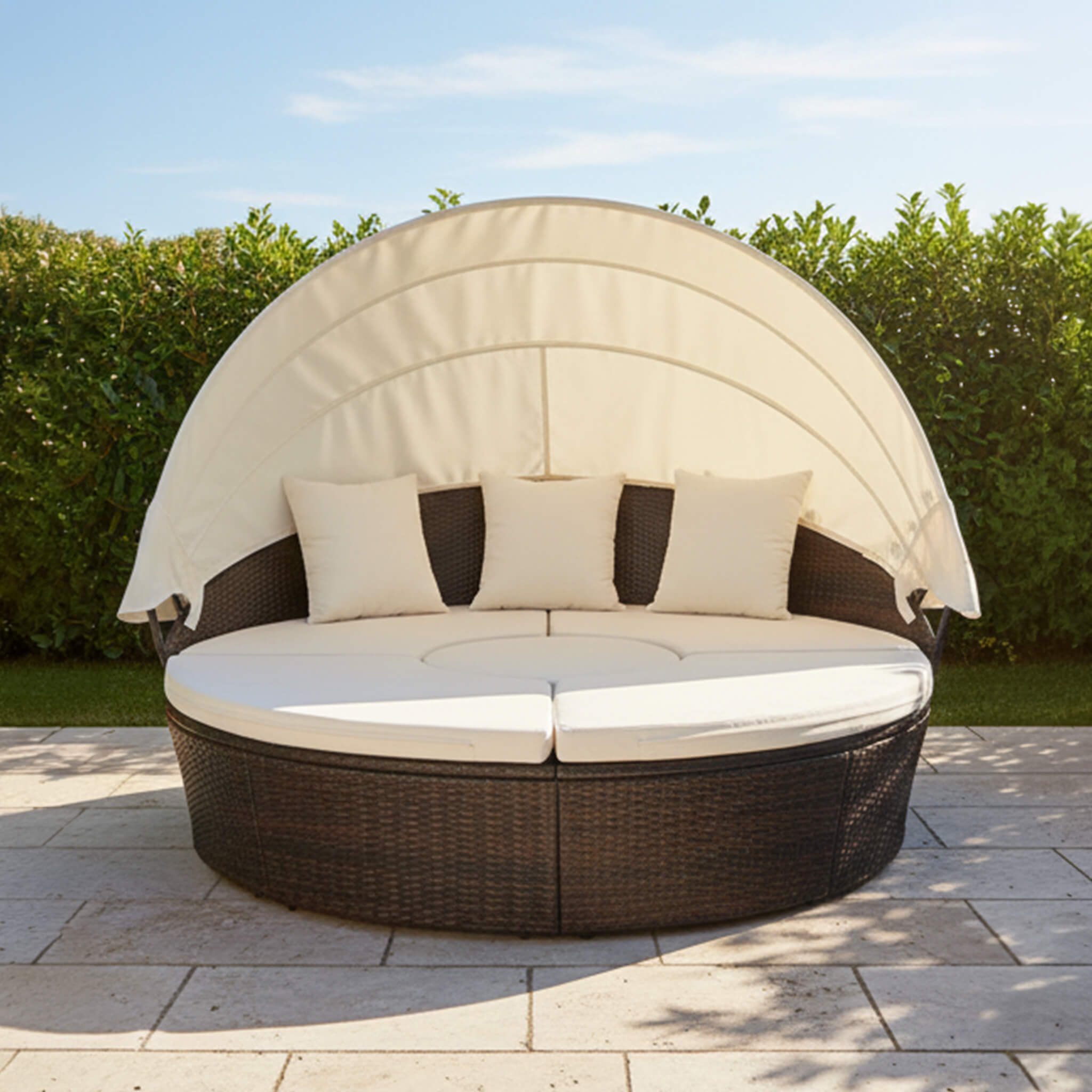 Alora Large 76-Inch Outdoor Patio Rattan Daybed Sofa W/ Adjustable Table Top, Canopy & 3 Pillows