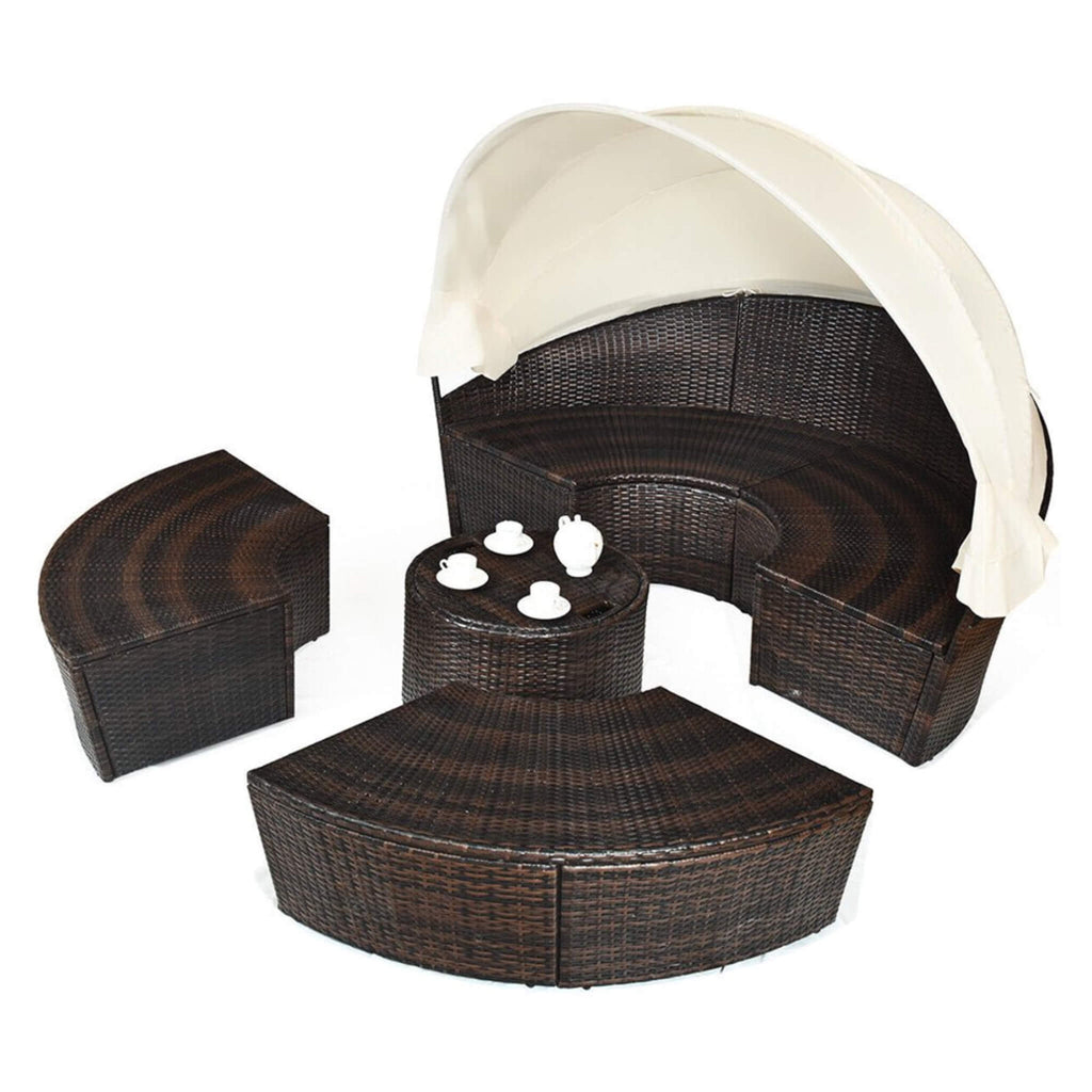 Alora Large 76-Inch Outdoor Patio Rattan Daybed Sofa W/ Adjustable Table Top, Canopy & 3 Pillows