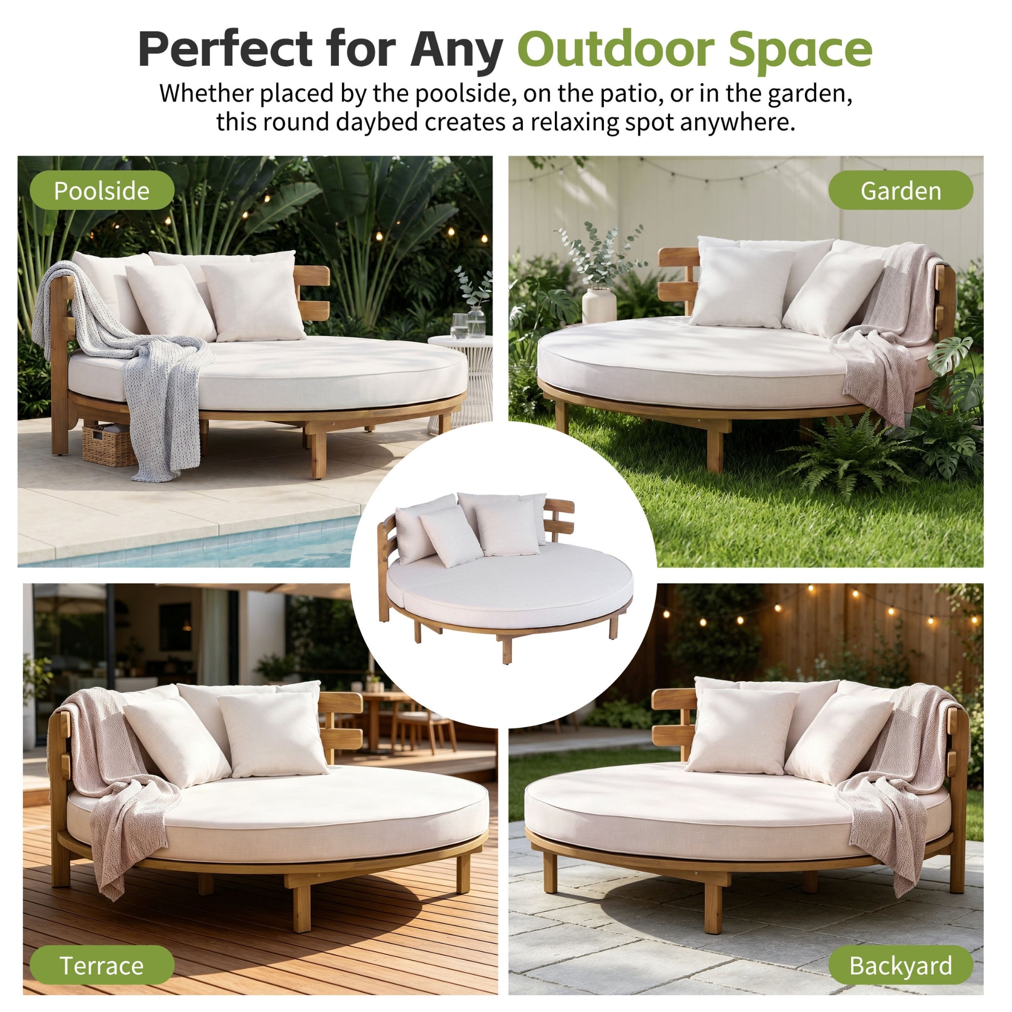 Alora Luxury Outdoor Acacia Wood Round Daybed With Cushions And Pillows
