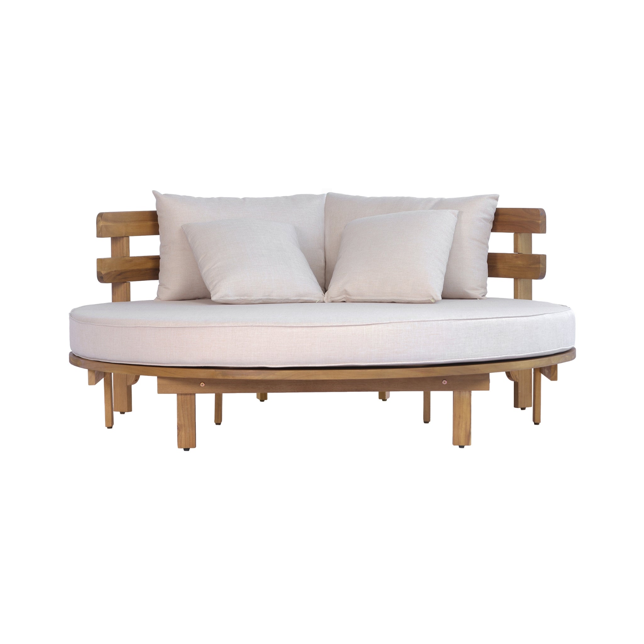 Alora Luxury Outdoor Acacia Wood Round Daybed With Cushions And Pillows