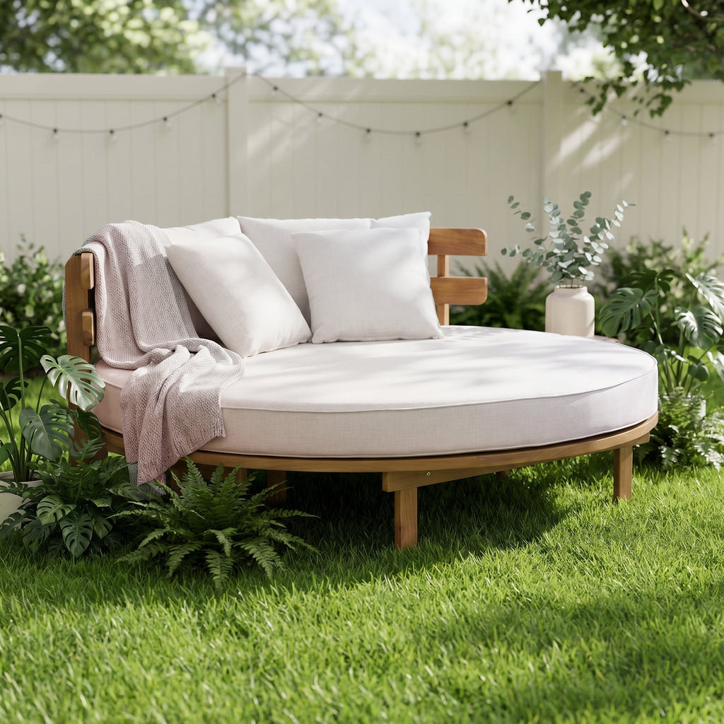 Alora Luxury Outdoor Acacia Wood Round Daybed With Cushions And Pillows