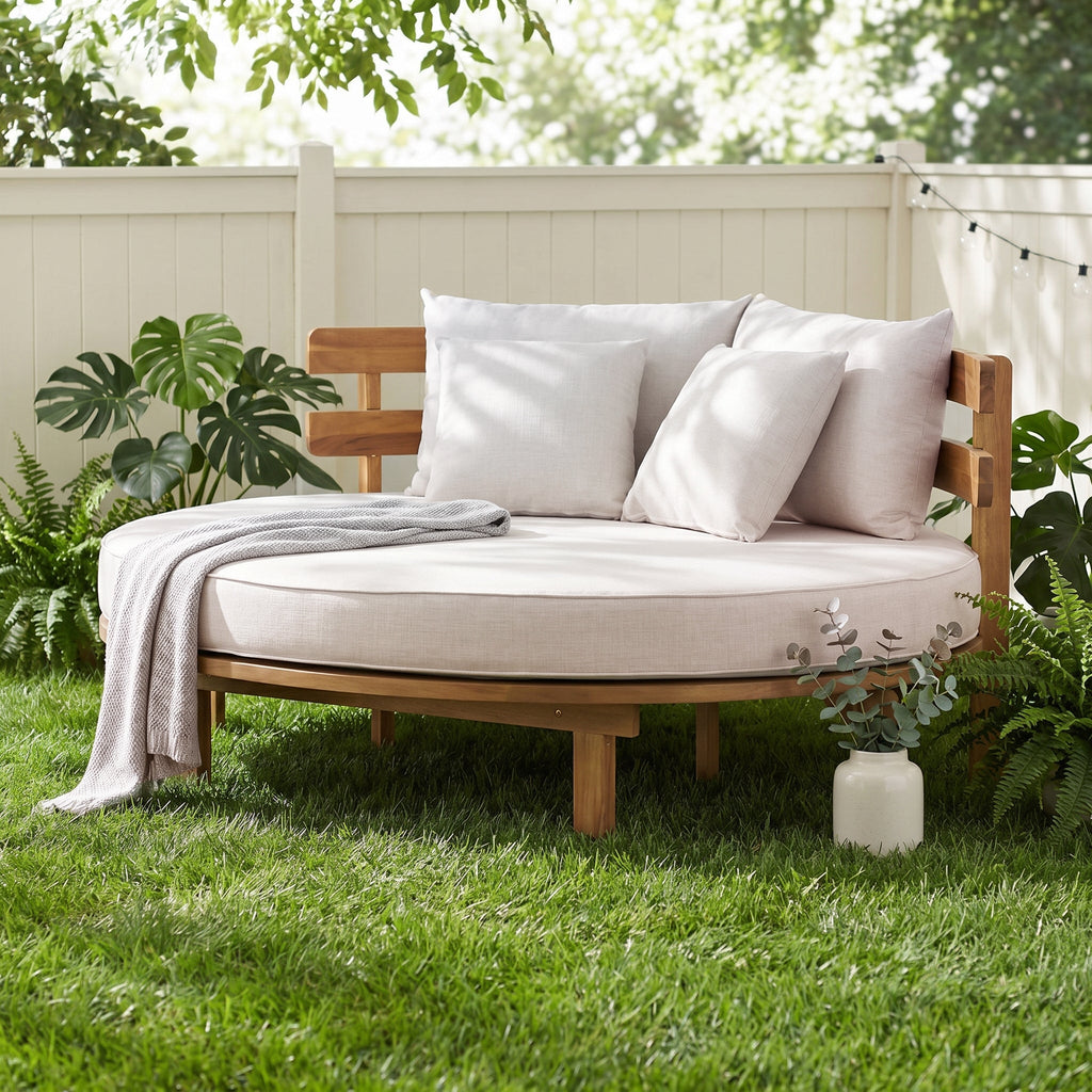 Alora Luxury Outdoor Acacia Wood Round Daybed With Cushions And Pillows