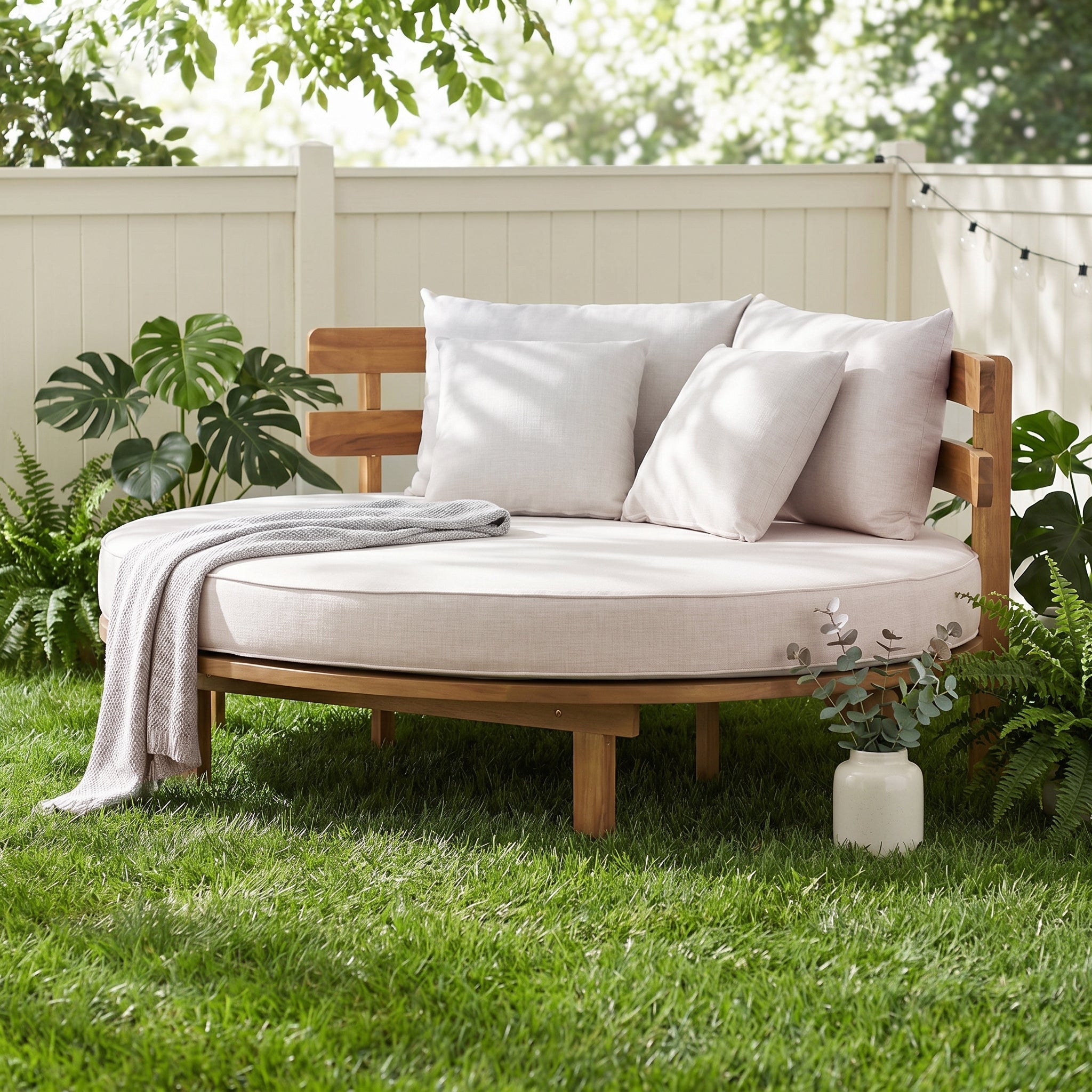 Alora Luxury Outdoor Acacia Wood Round Daybed With Cushions And Pillows