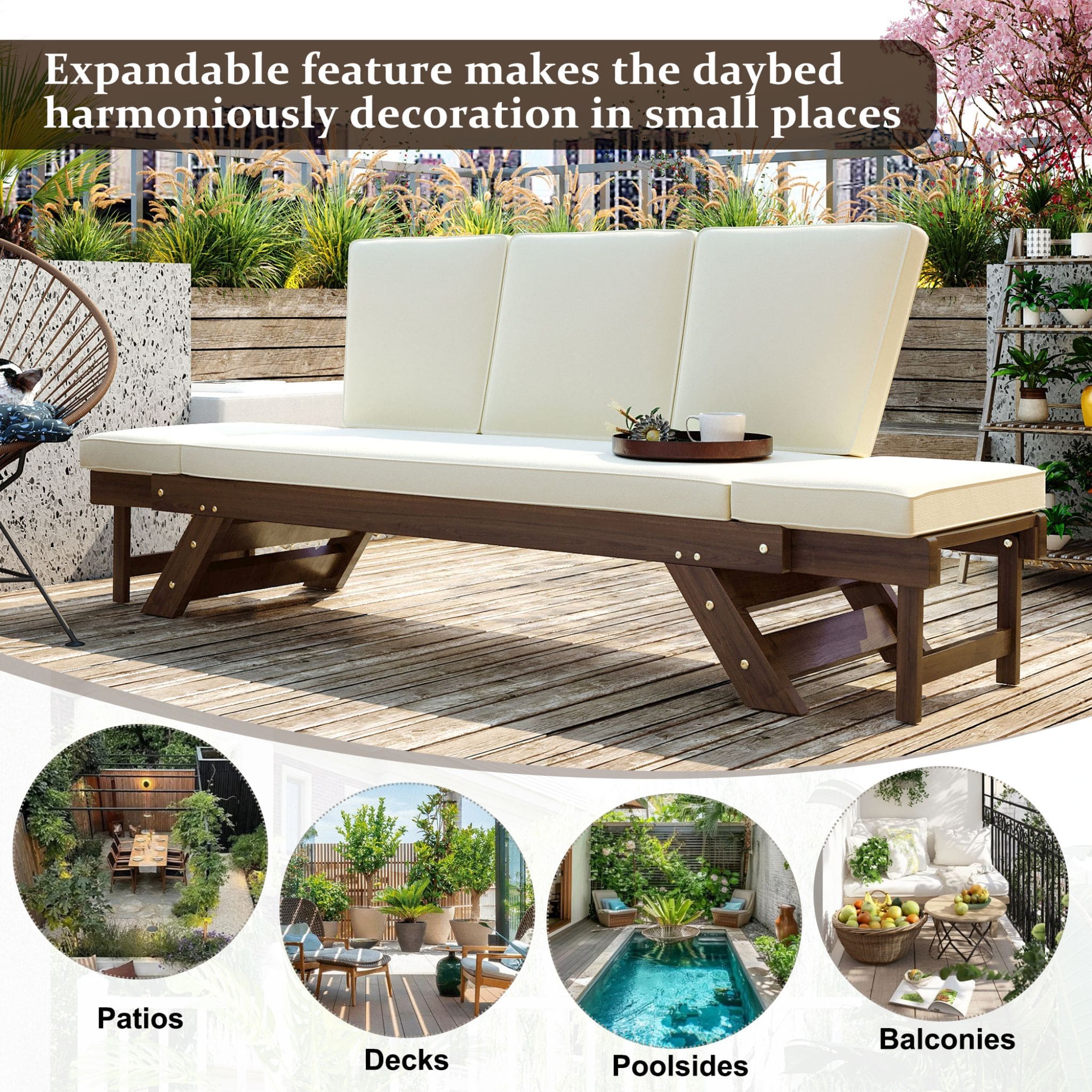 Alora Outdoor Adjustable Wooden Patio Daybed Sofa With Cushions